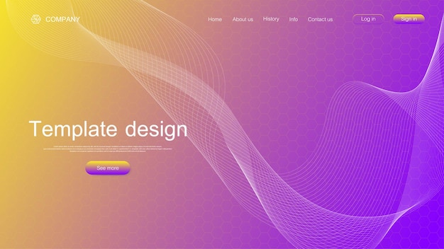 ウェブサイトのテンプレートデザイン。カラフルなダイナミックな波、六角形の革新パターンで抽象的な科学的背景。図。