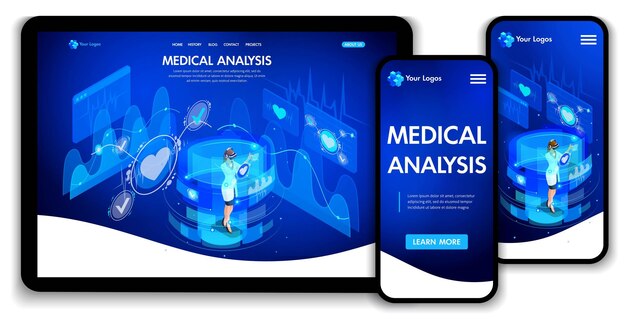 Вектор Дизайн шаблона веб-сайта. изометрический концепт медицинского анализа, врачи работают на виртуальных экранах. веб-дизайн целевой страницы. легко редактировать и настраивать, адаптивный ui ux.
