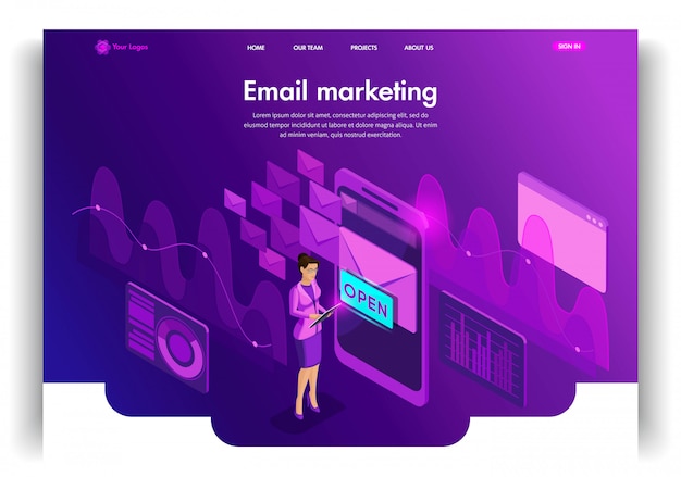 Website template . Isometric concept Email Inbox Electronic Communication. E-mail marketing, marketing research. Easy to edit and customize landing page