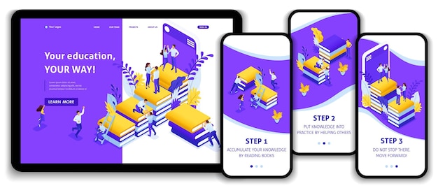 ウェブサイトテンプレートランディングページeラーニング、教育のためのアイソメトリックコンセプトあなたの知識はあなたの成功です。編集とカスタマイズが簡単な、アダプティブuiux。