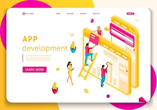 Website template landing page isometric concept people team work together in web industry. app development. easy to edit and customize.