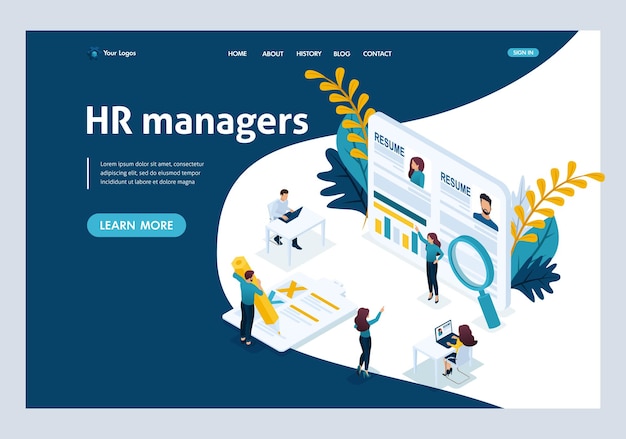 Website Template Landing page Isometric concept resume, recruiting, head hunters, HR manager. Easy to edit and customize, ui ux.