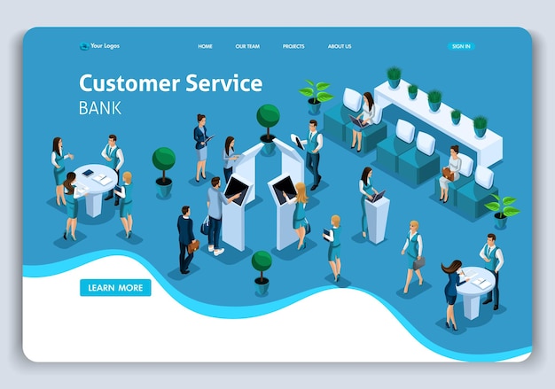 Vector website template landing page isometric conceptcustomer service in bank, service hall, bank clints. easy to edit and customize.