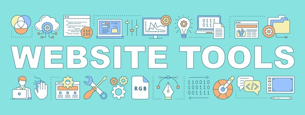 ウェブサイトツールの単語の概念のバナー。プレゼンテーション。線形アイコンで孤立したレタリングのタイポグラフィのアイデア。コンピューティング。グラフィックデザイン。 Webページビルダー。ウェブサイトの構築。ベクトルの概要図