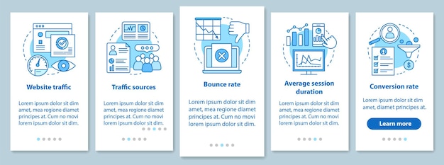 線形の概念を持つモバイルアプリのページ画面をオンボーディングするウェブサイトのトラフィック。売上コンバージョン率分析。 SMMメトリクスのウォークスルー手順の説明。イラスト付きのUX、UI、GUIベクトルテンプレート