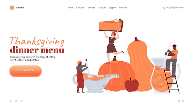 Website voor thanksgiving-dinermenu met pompoenen platte vectorillustratie