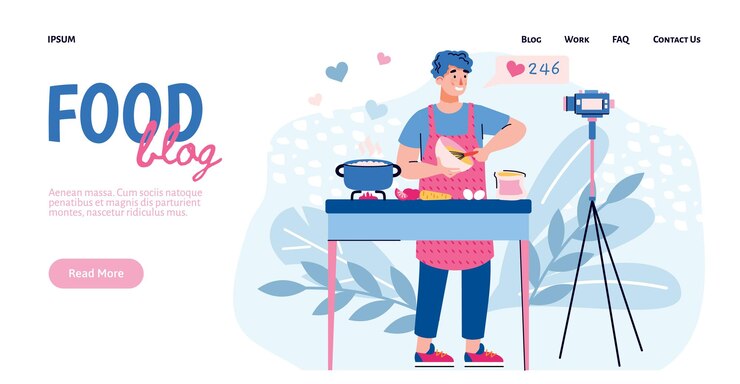 Vector website with food blogger preparing food flat cartoon vector illustration
