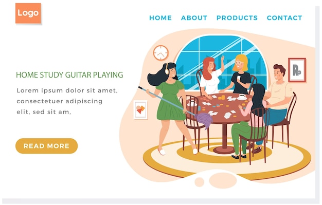 Vector website with home study guitar playing people with board game girl with headphones imagine guitar