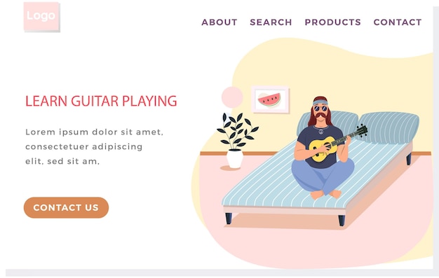 Vector website with learn guitar playing male bard with ukulele in hand musician uses stringed instrument