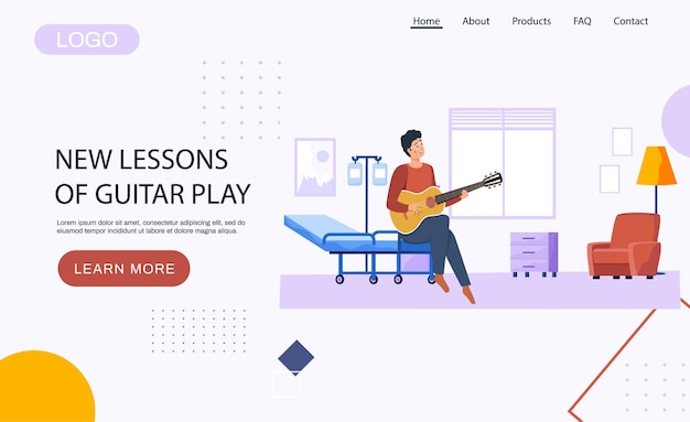Vector website with new lessons of guitar play guy sitting in hospital ward with musical instrument