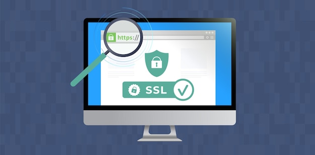 Vector website with ssl certificate encryption in browser window with safe https url in web address bar