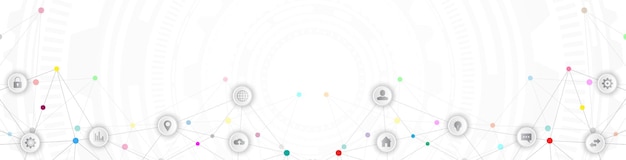 Websitekoptekst of bannerontwerp met abstracte technische achtergrond en verbindende punten en lijnen. Digitale technologie en communicatieconcept met plat pictogrammen.