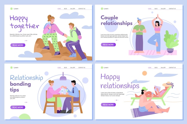 Websites set bonding paar relaties vector illustratie geïsoleerd