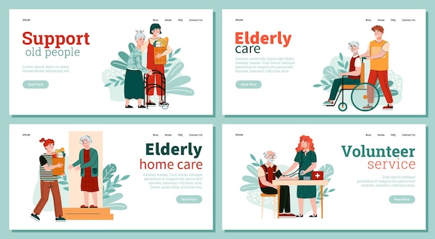 Websites set for services of elderly people supporting flat vector illustration