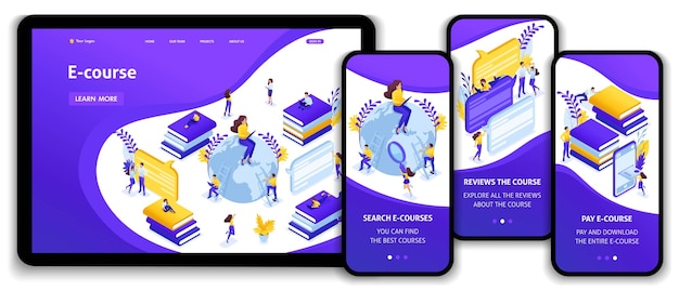 Websitesjabloon landingspagina isometrisch concept zoeken naar de beste e-cursussen, online leerproces. gemakkelijk te bewerken en aan te passen, adaptieve ui ux.