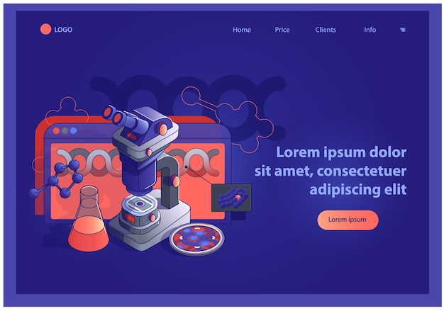 Vector websitesjabloon met isometrische laboratoriumapparatuur microscooptests dna-microbiologie, biotechnologie en andere verschillende elementen voor de wetenschappelijke of medische industrie in de farmacie