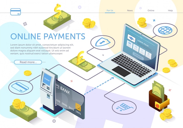 Websjabloon bestemmingspagina. Bankkaart bij ATM. Online betalingssysteem