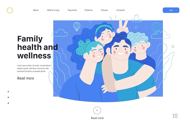 Vector websjabloon voor medische verzekeringen voor gezinsgezondheid en welzijn