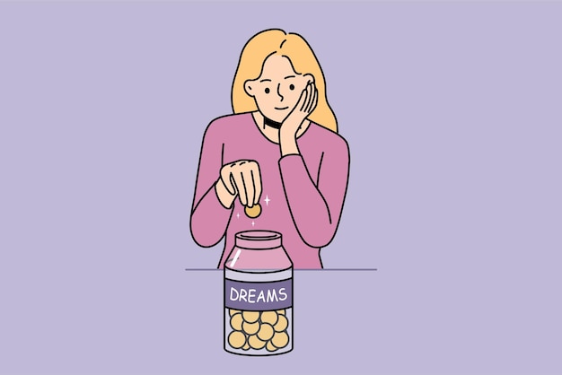 ベクトル web笑顔の女性が夢のために瓶にコインを集める
