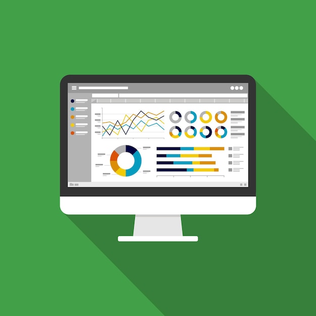 Vector webstatistieken analytische grafieken op het pictogram van het computerscherm flat vector infographic trend grafieken informatie rapport concept voor planning en boekhoudkundige analyse audit management marketing illustratie