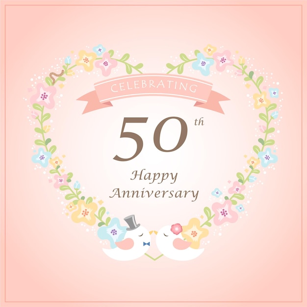 Wedding anniversary cards with flower wreath pink ribbon and kissing birds