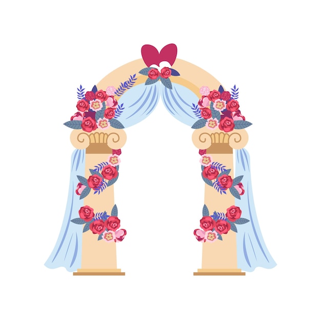 Wedding arch decorated with flowers and veils