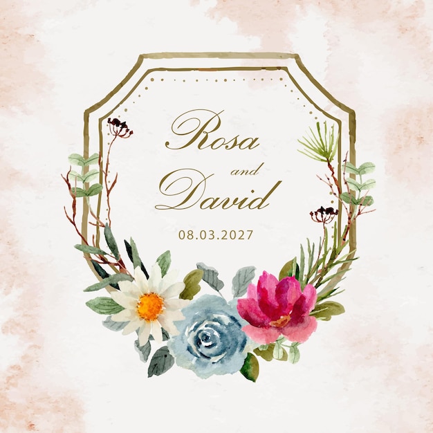 Vector wedding badge with vintage watercolor floral frame