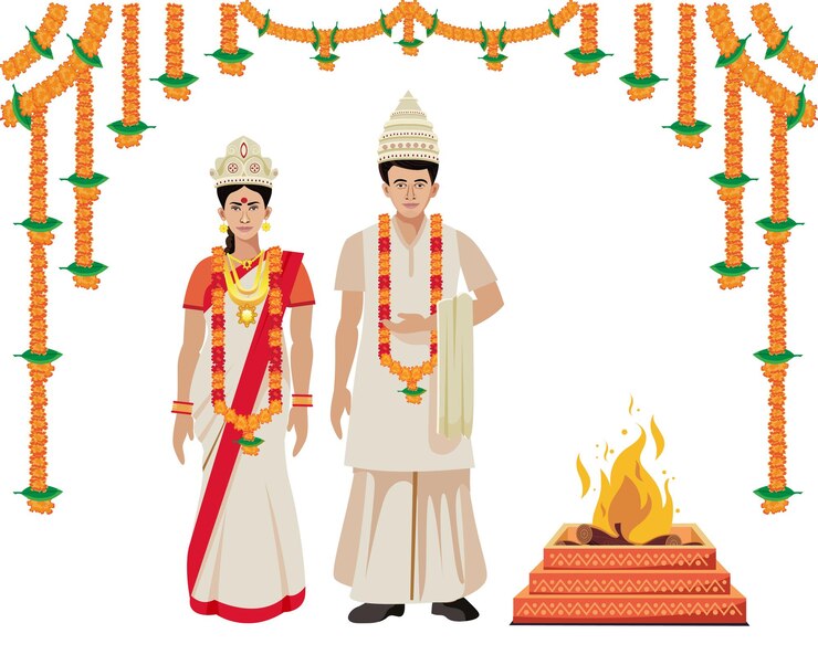वेक्टर wedding bengali couple in traditional dress with hawan vector