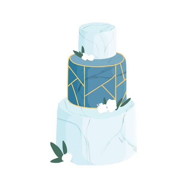 Wedding or birthday dessert decorated with flowers, leaves and golden geometric ornament. Festive three-tiered blue cake with marble frosting. Colored vector illustration isolated on white background.