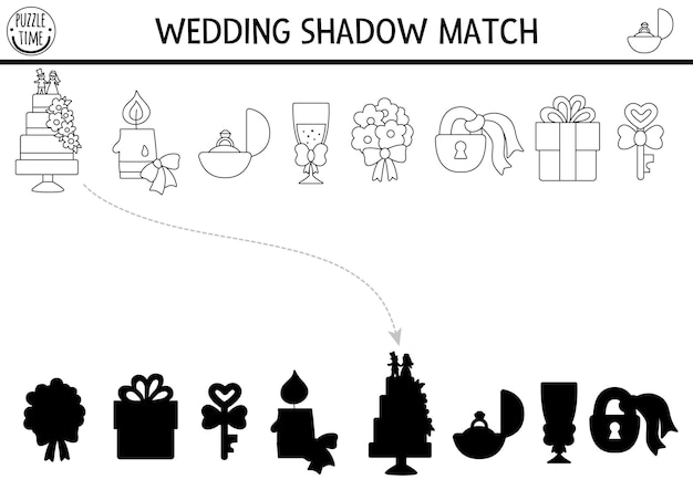 귀여운 신부와 신부의 상징과 함께 검은색과 색 그림자를 일치시키는 활동 케이크 불 반지 꽃받침과 함께 결혼식 퍼즐 어린이를위한 인쇄 가능한 컬러링 페이지를 찾으십시오.