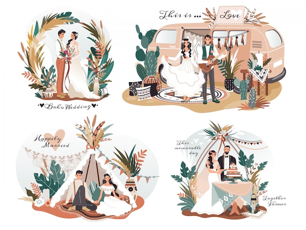 Wedding in boho style, romantic couple cartoon characters, illustration