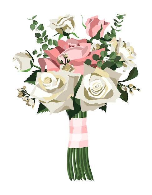 Vettore bouquet da sposa con rose bianche e rosa, fiori di gelsomino ed eucalipto. isolato su sfondo bianco