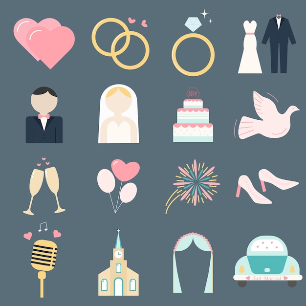 Wedding bridal romantic icon set in color