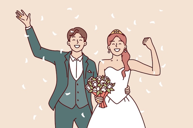 Vettore sposa e sposo con bouquet che agitano la mano durante la cerimonia festiva del matrimonio l'uomo e la donna felici sono orgogliosi della creazione di una nuova famiglia e salutano i parenti o gli amici che hanno partecipato alla celebrazione del matrimonio