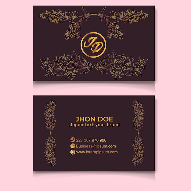 Wedding business cards template with golden flowers line