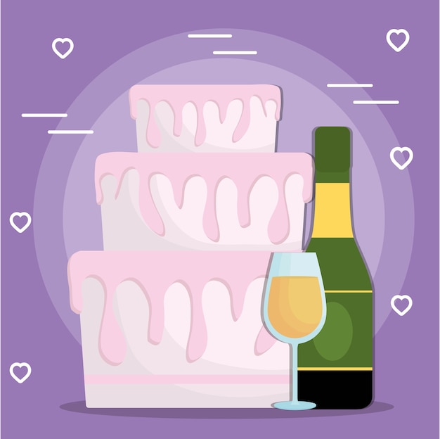 Wedding cake and champagne bottle and glass icon