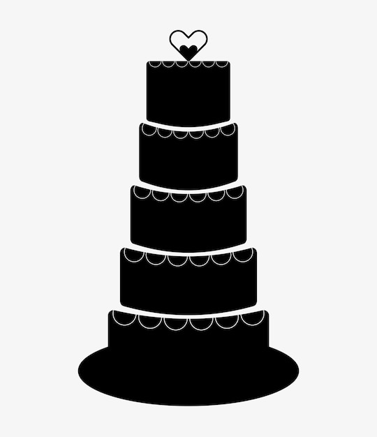 Vector wedding cake icon five tier wedding cake with heart on top silhouette