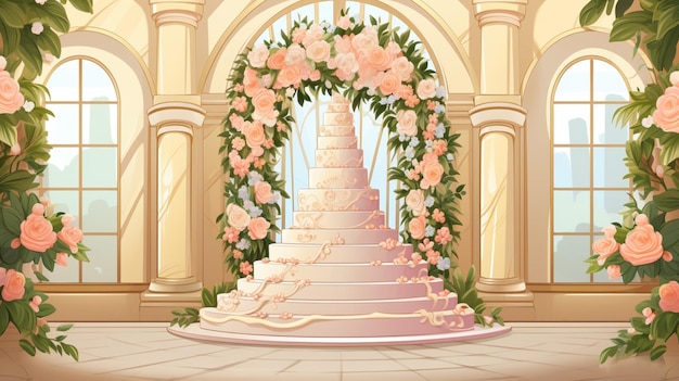 Vector a wedding cake is placed on a pedestal in a room with flowers and a picture of a bride