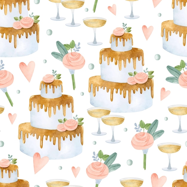 Wedding cake with roses watercolor seamless pattern