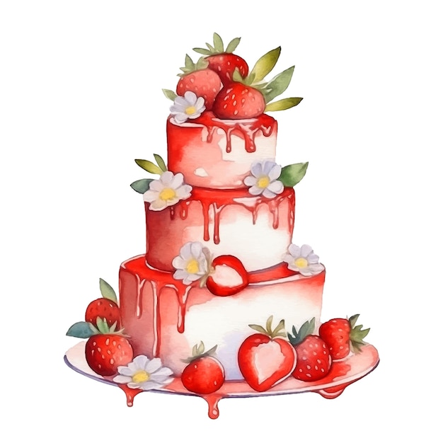 Wedding cake with strawberries watercolor paint