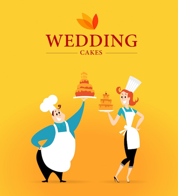 Свадебные торты логотип и повар персонажей. иллюстрации.