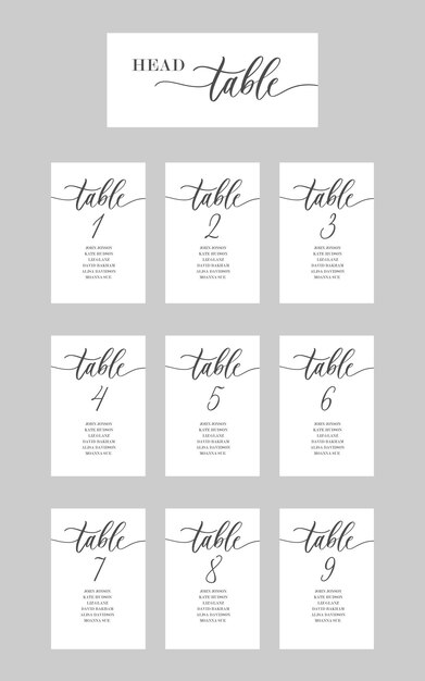 wedding table seating chart template Vector wedding calligraphy guests seating cards template with numbers and lettering