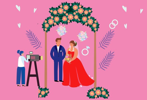 結婚式のカメラコンセプトイラスト スタイリッシュで美しい