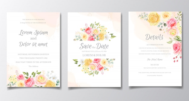 結婚式のカードと美しいバラのテンプレートと招待状