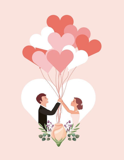 Свадебная открытка невесты и жениха, держась за руки в сердце цветы