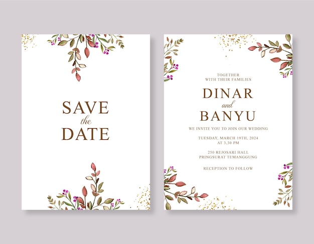 Шаблон приглашения свадебной открытки с цветочной акварелью