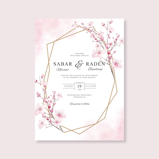 Vector wedding card invitation template with geometric gold and watercolor floral