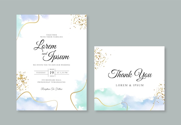 wedding card invitation template with gold line and hand painted watercolor spalsh