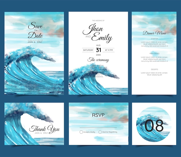 Wedding card, invitation. waves style, romantic beach wedding summer background