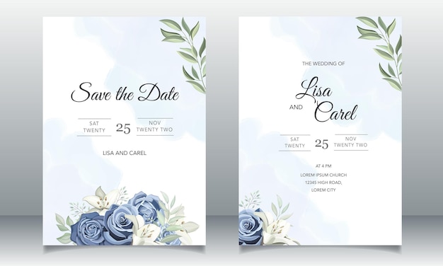 Vector wedding card invitation with dusty blue roses template